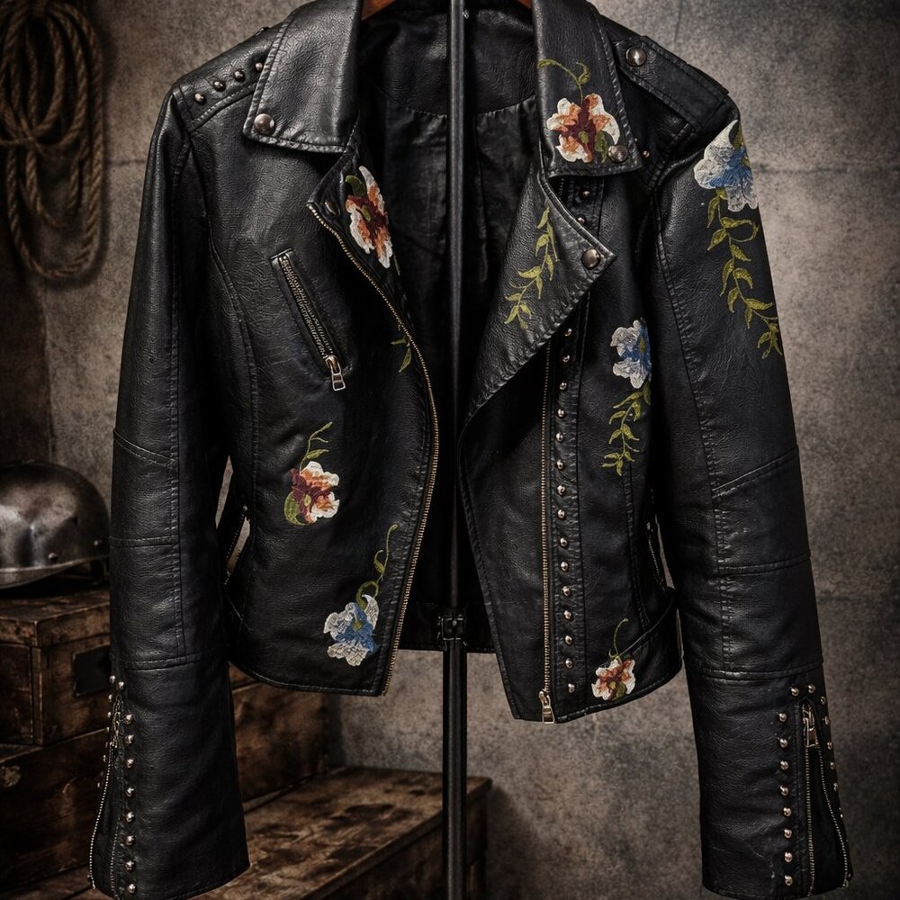 ATF Floral Embroidered Moto Jacket Black Studded Faux Leather Size M